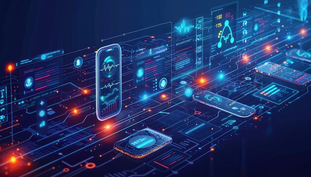 Digital Health Technology Background,Design a background featuring digital health technologies like wearable fitness trackers, mobile health apps, telemedicine platforms, and electronic health records