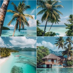 A collage of four beach photos with palm trees and blue water.