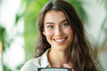 Woman at the dentist receiving a dental bill - obrazy, fototapety, plakaty