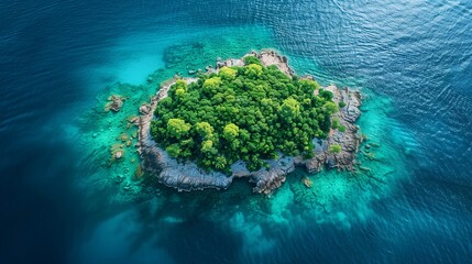 Aerial View of a Lush Green Island Surrounded by Turquoise Water