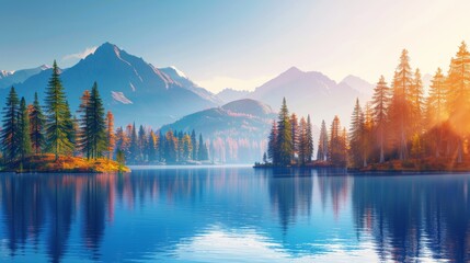 Vivid early autumn high tatra lake, mountain sunrise, pine forest, sky reflection in nature splendor