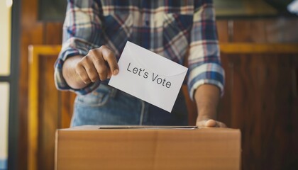 Voters to Participate in Electoral Motivate for Election, a man is seen putting a piece of paper into a ballot box, with the words "Let's vote" written on it. closeup image.