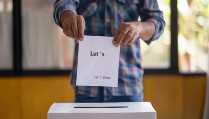 Voters to Participate in Electoral Motivate for Election, a man is seen putting a piece of paper into a ballot box, with the words "Let's vote" written on it. closeup image. - Powered by Adobe