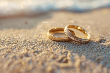 Engaged couple with wedding rings on beach sand - Powered by Adobe