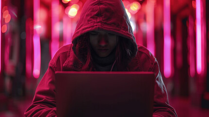 A hacker working in front of a laptop screen with covered face in a neon color dark background 
