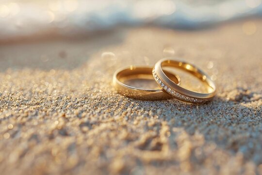 Engaged couple with wedding rings on beach sand