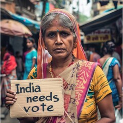 Voting or Election Awareness Campaign with An elderly indian woman in a colorful sari is holding a sign that reads 
