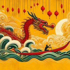 Obraz premium Dragon Boat Festival, using imagery inspired by the red dragon boat, the boater navigating the waves, and the symbolic yellow texture background.