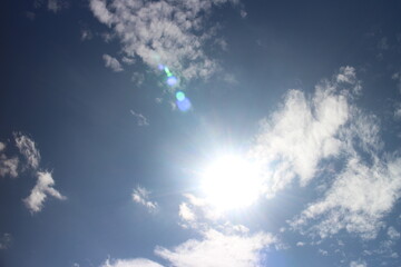 Clouds in the blue sky. Bright midday sun illuminates the space.