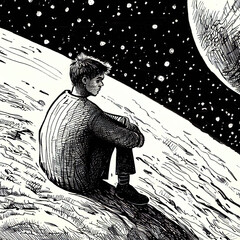 lonely sad man on the moon, pencil drawing, Ai generated - 782843867