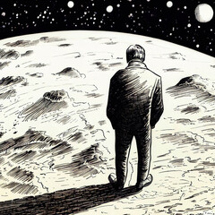 lonely sad man on the moon, pencil drawing, Ai generated - 782843868