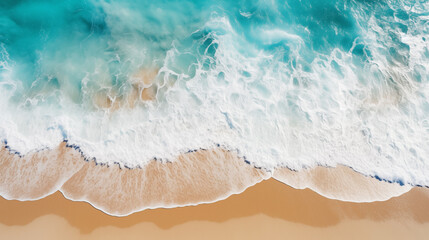 Aerial top view of beautiful tropical white sand beach. Summer seascape beautiful waves, blue sea...