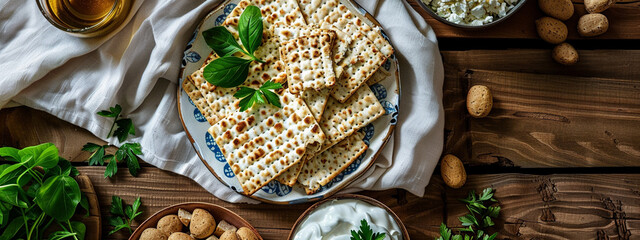 Happy Passover - Happy Pesach. Traditional Passover bread on wooden table. Horizontal banner.	
 - obrazy, fototapety, plakaty