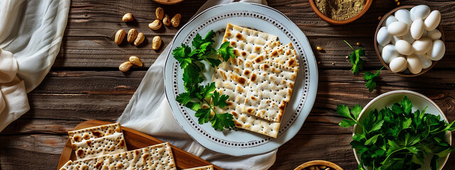 Happy Passover - Happy Pesach. Traditional Passover bread on wooden table. Horizontal banner.	
