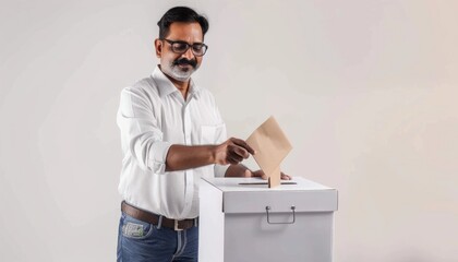 Indian man putting his vote in white ballot box on Election Day. Fictional Character Created by Generative AI.