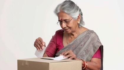 Indian elderly woman putting a ballot paper in voting box on Election Day. Fictional Character Created by Generative AI.