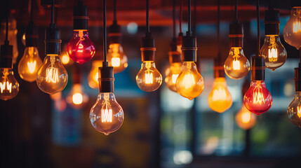 light bulbs hanging from ceiling in cosy cafe. - 782844267