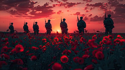 Silhouettes of Soldiers in Poppy Field - Remembrance Day Tribute with Technology