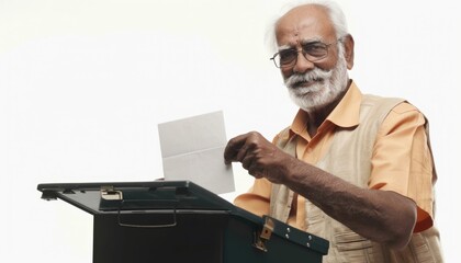 Indian elderly man carefully placing a ballot paper into a voting booth on Election Day. Fictional Character Created by Generative AI.