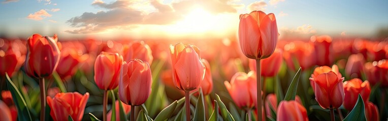 Springtime Bliss: Panoramic View of Blooming Tulip Field in Holland, Netherlands with Blue Sky and Sunlight, Close-up of Vibrant Tulip Flowers - Banner Background