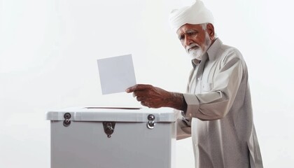 Election Day Banner - An Indian elderly man seen placing a piece of paper into a voting box. Fictional Character Created by Generative AI.