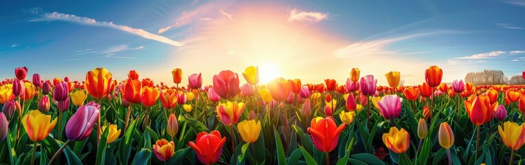 Springtime Bliss: Panoramic View of Blooming Tulip Field in Holland, Netherlands with Blue Sky and Sunlight, Close-up of Vibrant Tulip Flowers - Banner Background