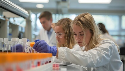 Biotechnology Internship, Depict a biotechnology student interning at a biotech company or research lab, working alongside professionals and gaining practical experience