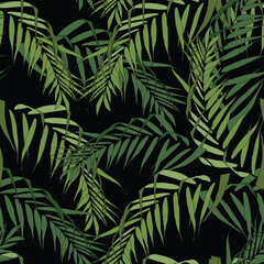 Fashionable seamless tropical pattern with green tropical palm leaves on a black background. Beautiful exotic plants. Trendy summer Hawaii print. Line stylish floral.