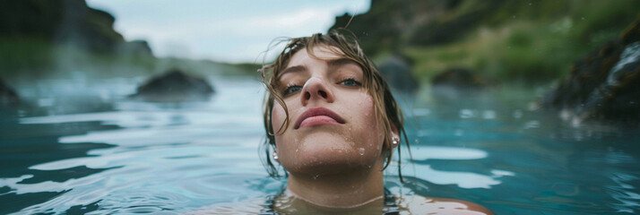 Young woman enjoying spa in hot springs in iceland