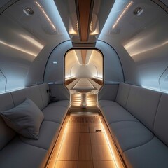 Hyperloop pod interior, minimalist design, indirect lighting, closeup, no people , up32K HD - obrazy, fototapety, plakaty