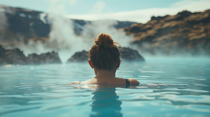 Young woman enjoying spa in hot springs in iceland