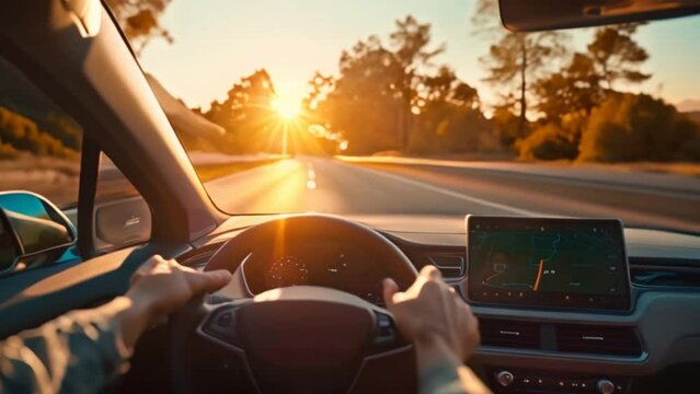 An EV electric car driver is holding the steering wheel in the evening with sunset light Image on the road Interior view of a happy driver driving an EV with blurred skyview