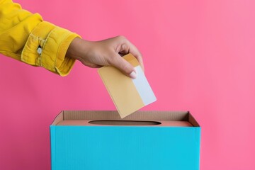 Voter putting paper vote into ballot box on Election Day, closeup image