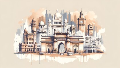 Maharashtra day illustration with famous maharashtra monuments.
