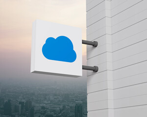 Cloud computing icon on hanging white square signboard over city tower and skyscraper at sunset sky, vintage style, Technology cloud computing concept, 3D rendering
