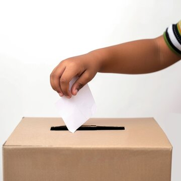 closeup image of person putting a voting ballot into cardboard box on Election Day.