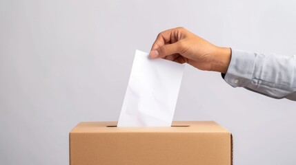 Close-up of a person putting a ballot paper into voting box on Election Day. Fictional Character Created by Generative AI.