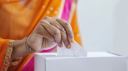 Indian woman casting her vote in the ballot box on Election Day, closeup image. Fictional Character Created by Generative AI.