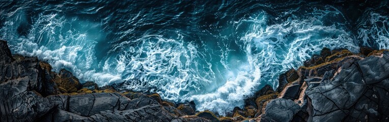 View from above of the ocean waves relentlessly crashing against the rugged rocks along the...