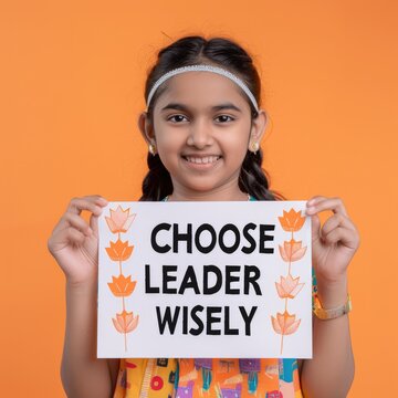 Election campaign and electoral agitation concept, cute smiling teenage girl holding up a sign with the phrase "Choose Leader Wisely. Fictional Character Created by Generative AI.