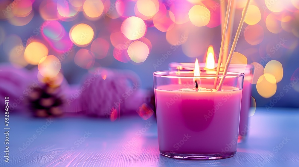 Poster tranquil spa setting with candles and reed diffuser on table, soft focus background