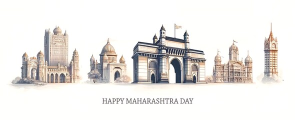Happy maharashtra day card illustration with famous maharashtra monuments.