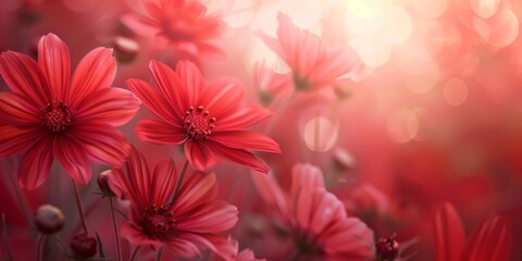 Branches of red Sakura on joyful and vibrant spring colors background with blurred sunlight