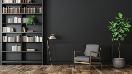 Wooden book shelf in front of grey wall, wooden floor, houseplant. Minimalistic interio design.	