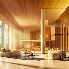 design of a modern room in a villa in warm, golden colors an illustration generated by Ai - 782845476