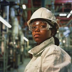 photo of a female, african-american worker in a chemical plant wearing goggles, fireproof safety suit and a white hard hat