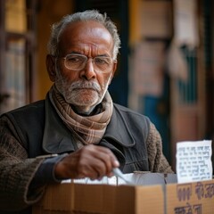 Indian elderly man counting ballot paper in voting box for announcement of election results. Fictional Character Created by Generative AI. - obrazy, fototapety, plakaty