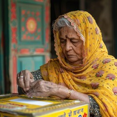 Indian older woman putting a ballot paper into voting booth on Election Day, closeup image. Fictional Character Created by Generative AI.
