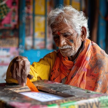 Indian Older Man Putting a Ballot Paper into Voting Booth on Election Day, Closeup Image. Fictional Character Created by Generative AI.