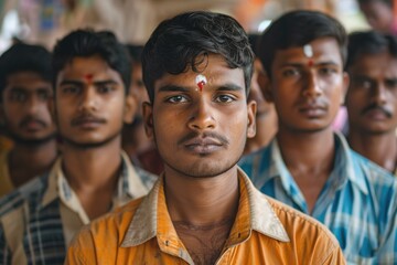group of youth Indian men standing next to each other in row and posing for a picture, likely representing a village or community during Election or Social Event Purpose. - obrazy, fototapety, plakaty